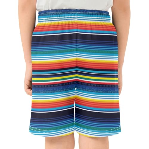Mexican Serape Blanket Stripes Athletic Shorts with Zipper Pockets, Youth Boys Athletic Running Shorts for Summer3