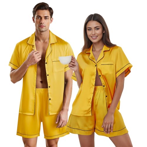 MXVPY Women and Men Silk Pajamas Set Matching Family Satin Pajama Sets Couples Short Sleeve Button Down Sleepwear