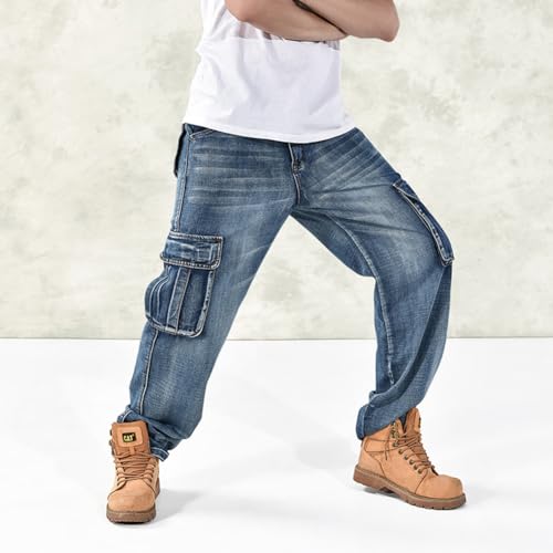 Ruiatoo Men's Jeans Denim Work Cargo Pants Outdoor Loose Hip Hop Big & Tall Jeans with Cargo Pockets4