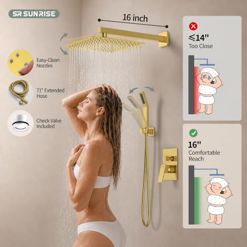 Image of SR SUN RISE Shower Faucet Set 12-Inch Rainfall Shower Head Brushed Gold