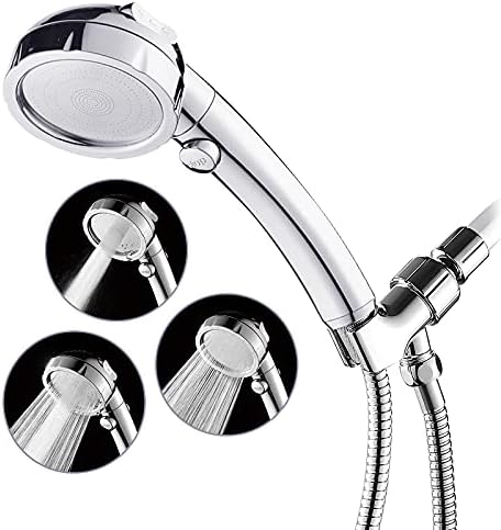 HANLIAN High Pressure Shower Head with Pause Function, 3 Spray Settings Handheld Shower Head with On Off Switch, Watersaving Detachable Showerhead with 5Ft Stainsteel Hose and ABS Bracket (Chrome)