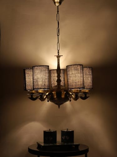 Image of Devansh 05 Lights Blue Jute Round Shade with Antique Golden Chandelier