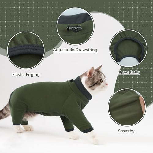 Klebriges Katzenhaar Kleidung, Pyjama für Katzen Pullover Warm für Katze Katzenoverall Fleece Jumper Katzenkostüm Mantel mit Rollkragen&Lange Ärmel für Katzen/Kitten(ArmeeGrün, S)