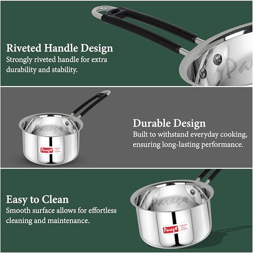 Image of Parage 2 Pieces Stainless Steel Sauce Pan, Tea Pan, Milk Pan Heavy Guage with Heat-Resistant Wire Handle Induction & Gas Stove Friendly (1.25 LTR & 1.75 LTR, Silver), 3 Liters