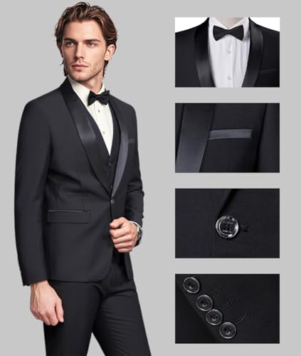 Mens Slim Fit Suit 3 Piece Solid Shawl Lapel Casual Business Blazer Set for Weddings Parties Tuxedo Jacket Pants2