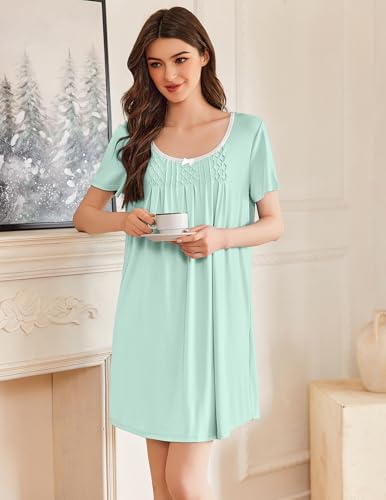 Image of Ekouaer Nightgowns for Women Pleated Night Shirts Short Sleeve Sleep Shirts Lace Trim Night Gown Ladies Soft Sleep Dress Light Green