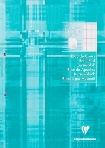 Clairefontaine 5810C - Schreibblock / Kursusblock DIN A4 21x29,7 cm, an der langen Seite geleimt, 100 Blatt 90g, abtrennbar und 2-fach gelocht, kariert 10x10 mm mit Rand, Türkis, 1 Stück