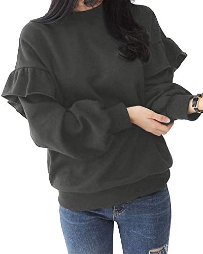 [ニーマンバイ] フリル スウェット カットソー フレアスリーブ 袖コンシャス トレーナー 長袖 ゆったり 体型 カバー 部屋着 おしゃれ 冬 かわいい ゆったり ゆるふわ あたたかい あったかい あったか 薄手 切り替え 楽 オーバー ビックサイズ ビック ビッグ パーカ フードなし プルオーバー 個性 アウトドア ビジネス ダークグレー フリル袖 スエット グレー C170-frill-GYM