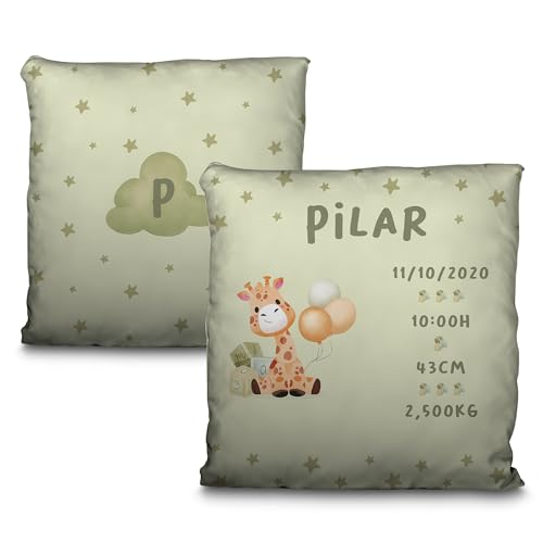 LolaPix Cojines Infantiles. Cojin Personalizado. Regalos para Bebes Recien Nacidos. Cojines con Relleno Incluido. Regalo Personalizado con Nombre, Fecha, Inicial. Jirafa Estrellas