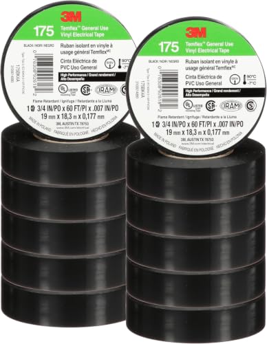 Image of 3M Temflex Vinyl Electrical Tape 175,Flame Retardant,Pressure-Sensitive Adhesive,Electrical and Mechanical Protection,Black,7 mil,3 /4 in x 60 ft,10 Rolls,(Pack of 10)