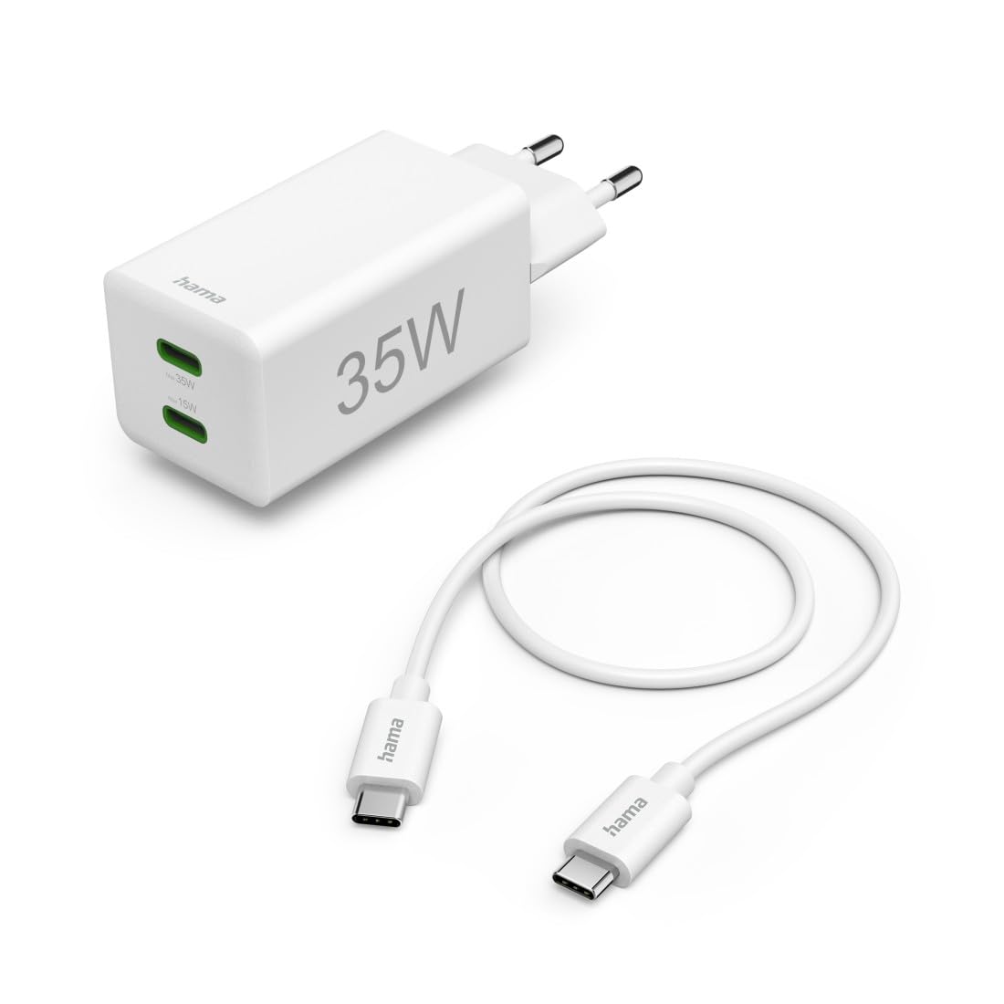Hama Szybka ładowarka + kabel, 2 x USB-C, PD/QC, mini ładowarka, 35W, 1m, BLC