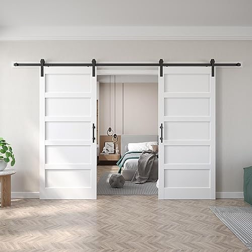Image of FREDBECK White Barn Door 68x84 (Double 34in x 84in) with Hardware Kit & Handle Included,5-Panel Interior Doors,Water-Proof PVC Surface,Pre-Drilled Holes,Need Assembly