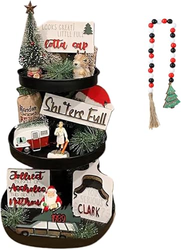 DULRLLY 7pcs Christmas Tiered Tray Decor Set, Rustic Farmhouse Autumn Fall Supplies, Xmas Wooden Tabletop Signs for Christmas Farmhouse Home Kitchen Party Decoration (Not Included Tray)