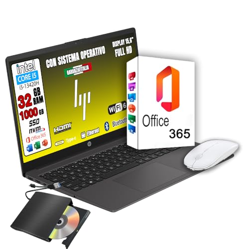 Hp 250 G10 Computer Portatile Notebook, Intel i5-1334u 10 Core 3.4Ghz, Display 15.6'' FHD, Ram 32GB, SSD 1TB, Windows 11, Pronto all'uso con OFFICE 365, mouse usb + lettore dvd.