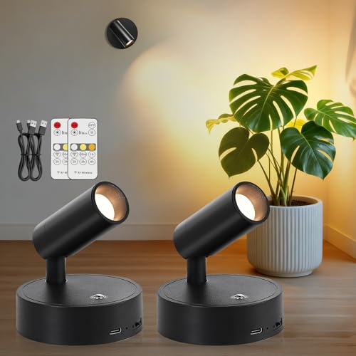 Image of TaoFiaCo Spotlight Indoor, Wireless Battery Operated with Remote,Uplight Indoor Down Light for Picture on Wall, Plant Spotlight Dimmable Timer, Ceiling Lights Painting for Trees Plant, Black 2 Pack