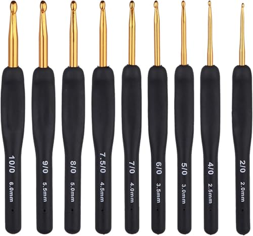 Image of VIRADHAM Crochet Hooks Set of 9 - Aluminum Crochet Needles with Soft Rubber Handles And Stitch Markers - Ergonomic Kit for Arthritic Hands - Comfortable Grip Yarn Craft Tools for All Skill Levels (9 BLACK GOLD)