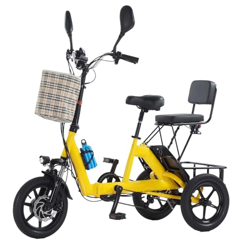 HZWJD Bicicleta Eléctrica De 3 Ruedas con Batería De Litio Extraíble,Triciclo Eléctrico con Neumáticos Anchos,Triciclo Eléctrico Plegable De 3 Ruedas con Batería De 10.4 Ah Yellow 10.4AH