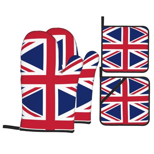 Juego de 4 manoplas de horno y agarraderas de bandera británica con guantes de parrilla impresos es perfecto para cocinar, hornear y asar a la parrilla