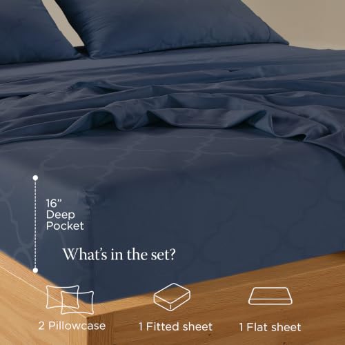 Image of Threadmill 300TC Cotton King Sheet Set, Sateen, Damask, Folkstone Blue