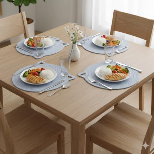 Image of Cotton Rope Placemats, Round Red with White Border, Set of 4, Heat Resistant Table Mats (Silver)