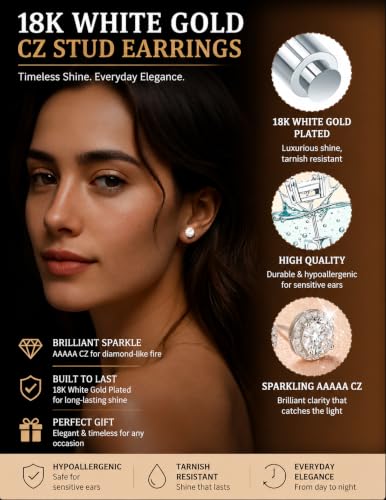 Image of 5 Pairs 14K Gold Plated Stud Earrings for Women, Hypoallergenic Earring Sets for Multiple Piercing, Premium Cubic Zirconia Studs Earrings for Women