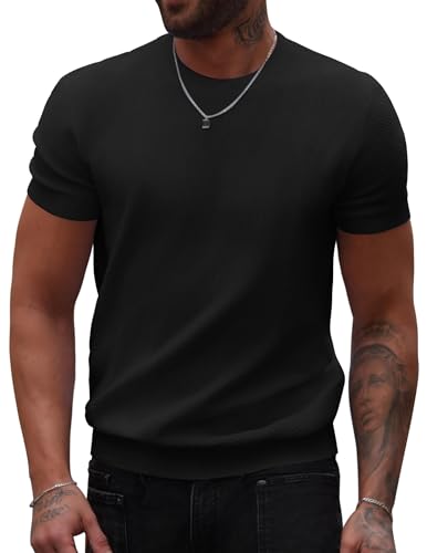 COOFANDY Mens Knit T-Shirts Summer Waffle Shirts Vintage Shirts Short Sleeve Crew Neck Tee Shirt Casual Crochet Top