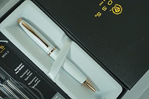 Cross A.T Pearlescent Lightening White Medalist y bolígrafo Calaise de banda media de oro rosa de 23 quilates y dos recambios adicionales, un bolígrafo de regalo para cualquier persona y cualquier