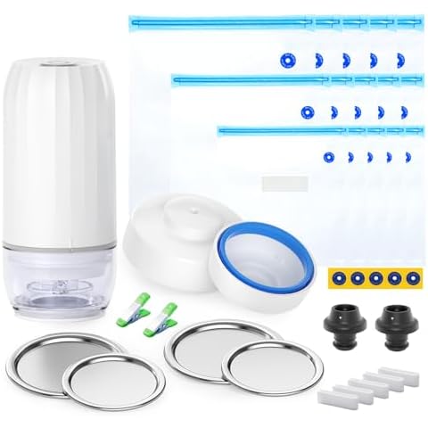Morpilot Electric Vacuum Sealer Kit for Sous Vide Bags, Mason Jar, Wine Saver, 15 PCS Reusable Vacuum Sealer Bags for Anova, Joule Cookers, 2 Cooking Clips, 5 Sealing Clips, with Automatic Pump Cover