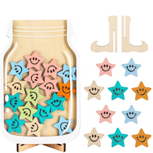 Wusjcof Sistema De Recompensas Para Niños Con 25 Estrellas, Tarro De Estrellas De Madera Para Aula Y Hogar, Tarro De Incentivos Para Buen Comportamiento En Escuela Y Familia Estrellas Sonrientes