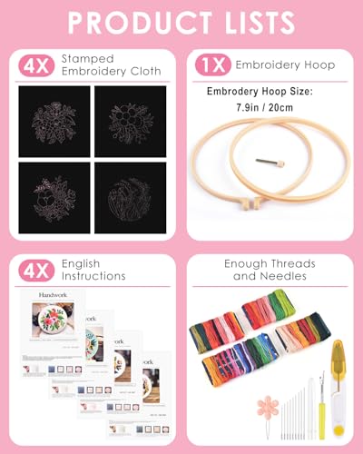 Image of TINDTOP 4 Pack Embroidery Kit for Adult, Embroidery DIY Starter Kit, with Stamped Patterns, Hoop, Tools, Colorful Threads with Needles, Instructions | with Stamped Patterns, Hoop, Tools, Colorful Threads with Needles, Instructions