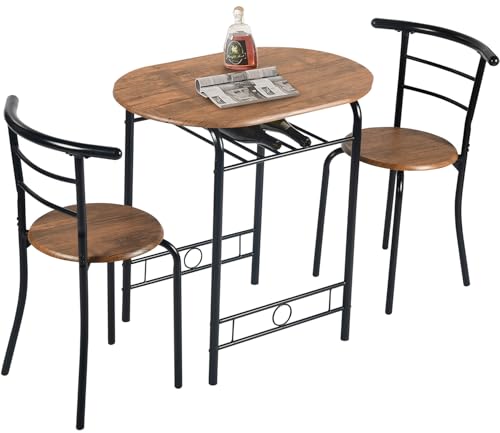 FurnitureR 3-Piece Dining Table Set for 2, Compact Oval Kitchen Table with 2 Round Chairs, Wooden Breakfast Nook Set with Wine Storage Rack, Metal Frame, Ideal for Small Spaces, Brown/Black