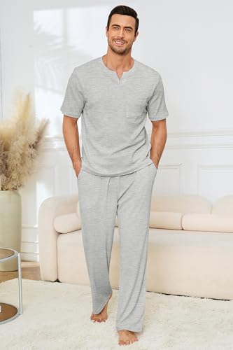 Image of JiniGolla Mens Pajamas Set Soft Short Sleeve Top and Pant Loungewear Sets 2 Piece Pjs with Pockets