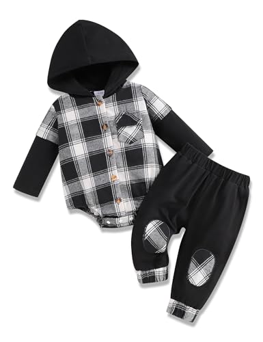 Image of Fuermos Newborn Baby Boy Clothes Plaid Button Long Sleeve Hoodie Romper+ Mama's Boy Pants Fall Winter Outfits Set
