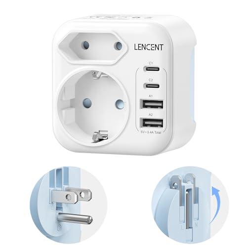 LENCENT Adaptador Enchufe USA, Cargador Americano Viaje con 2 USB-C y 2 USB-A, Adaptador Europa Portugal a EE.UU. Compacto Plegable México, Canadá, Tailandia, Perú, Colombia, Tipo B