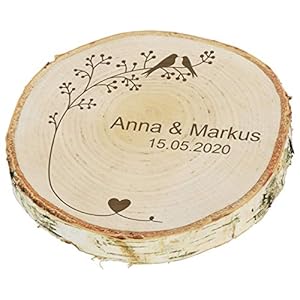 LAUBLUST Baumscheibe Personalisiert zur Hochzeit – ca. 18 cm, Vogelpärchen Motiv | Ringkissen | Hochzeitsgeschenk & Deko