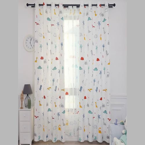 Generico Cortina de dinosaurios para habitación infantil, 280 x 140 cm, blanca con estampados de colores, ojales de metal, cortina opaca