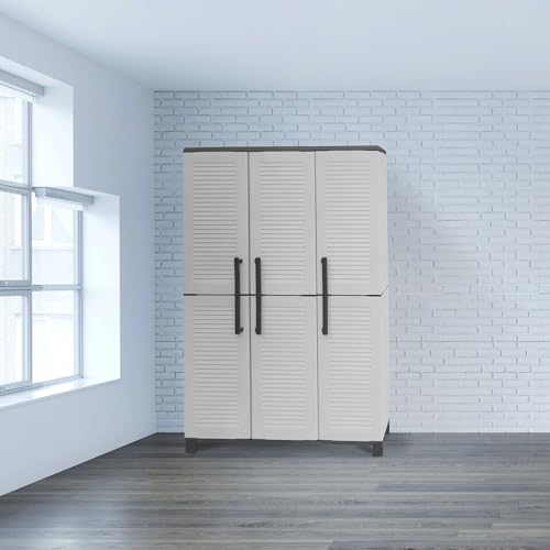 - Armadio da esterno Nandrin Mobile porta scope Armadietto da 3 ante 100% Made in Italy 102x37h169 cm chiaro e Finitura righe grigio nero