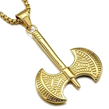 Machado Viking Nórdico Ragnar Moto Xangô - Corrente com Pingente aço inox - Colar Unissex Adulto - Tema Viking - 60 cm - Dourado