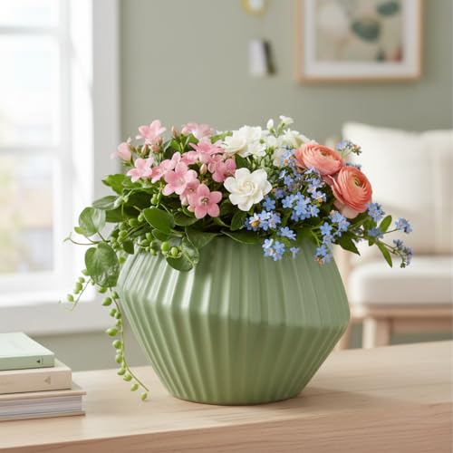Xtore® Elegant Ribbed Ceramic Planter for Indoor Décor | Modern Minimalist Flower Pot for Living Room, Balcony, Office Desk & Shelf Styling (Pastel Green, Pack of 1 - Planter only)