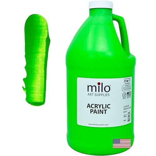 Milo Fluorescent Green Neon Acrylic Paint | 64 Oz Bottle Half Gallon | Glows Uv In Black Light | Non-Toxic Made In Usa | Bulk Art Paint For Party, Student, Classroom, Artist
