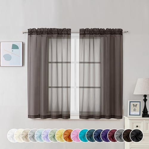 Image of Chyhomenyc Chocolate Brown Sheer Curtains 45 Inch Long 2 Panels, Light Filtering Rod Pocket Voile Short Curtains Drapes for Living Room Bedroom Small Windows, 42Wx45L Inches