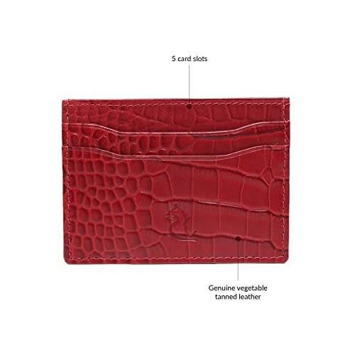 Image of KARA Unisex Embossed Leather Card Holder Red Slim Credit /Debit Cardholder - ATM Card Cover Case wtih 5 Card Holder Slots