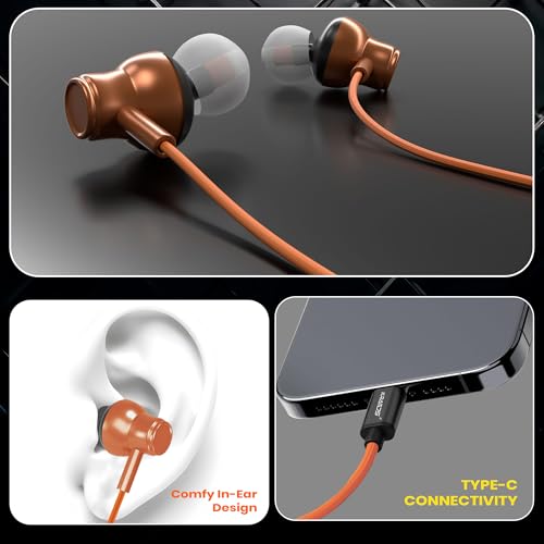 Image of Kratos Tune V6 C Type Earphones Wired, Deep Bass Drivers Earphone, Inline Control Type c Headphones with Mic, Comfort Fit Type c Earphone with Volume Control,Metallic C pin Earphones (Orange)