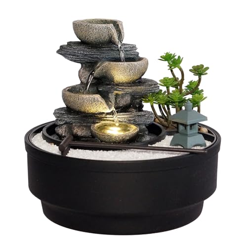 Bumilgar Indoor Tabletop Water Fountain with LED Lights & Pagoda, 4-Tier Rock Cascading Design, Artificial Flowers, White Stones and Rake, Zen Decor for Office/Living Room/Bedroom/Study (8.5