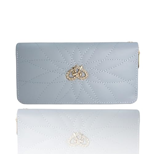 Women's Quilted Wallet, Women's Long Wallet with Crystal Bow, Detachable Wristband, Large Capacity Phone Bag, Light Blue, 7.67 x 3.93 inches