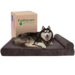 Furhaven Cooling Gel Dog Bed for Large Dogs w Removable Bolster Washable Cover For Dogs Up to 125 lbs Fleece Corduroy Bolster Chaise Dark Espresso Jumbo PlusXXL