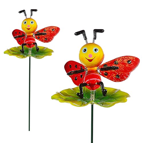 4er Set Blumenstecker Tiere auf Blatt | H60cm Eisen Polystyrol bunt | Biene Frosch Raupe Marienkäfer beweglich | Gartendeko (4)