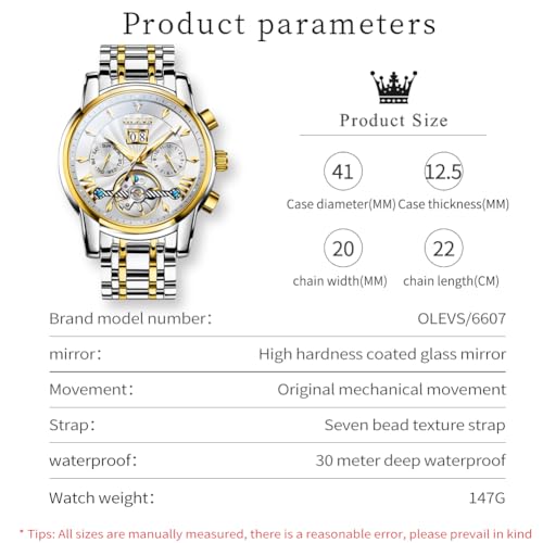 Image of OLEVS Watches for Men Automatic Skeleton 5 Hands Mechanical Luxury Watch Classic Calendar Stainless Steel Waterproof Mens Wrist Watch