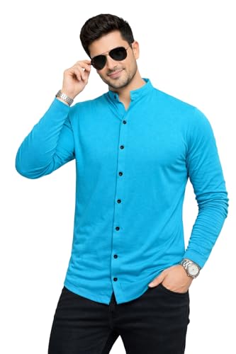Image of Blisstone Men's Band Collar Shirt - Full Sleeve Slim Fit Casual Cotton Blend Mandarin Collar Button Down Shirt