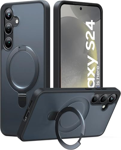 Image of DIZORO Polycarbonate Magnetic Ostand Ring Case Fit For Samsung Galaxy S24 Case Compatible With Magsafe & Wireless Charging,Military Grade Drop Tested,Translucent Hard Back Soft Edge (Black)